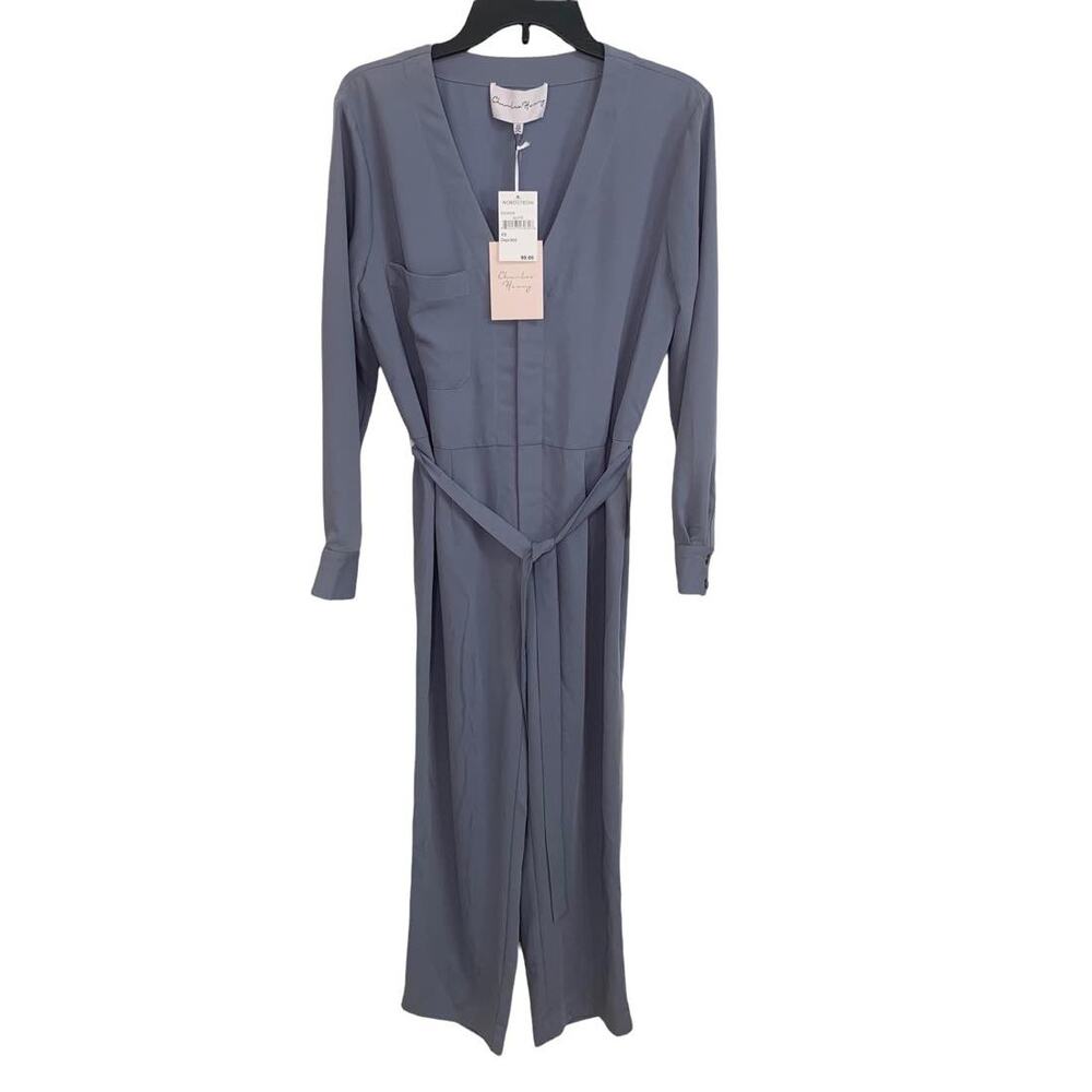 Charles Henry Jumpsuit Blue V-Neck Long Sleeve‎ Tie Waist